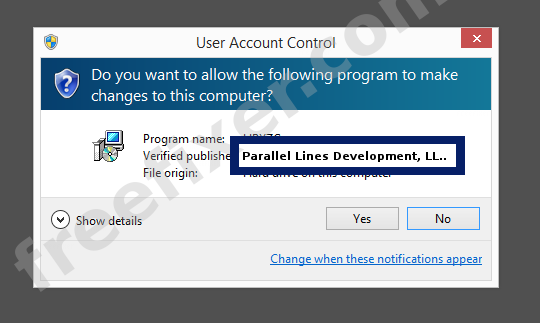 Screenshot where Parallel Lines Development, LLC appears as the verified publisher in the UAC dialog